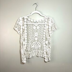 Cream Boho Crochet Floral Vest Open Front Cap Sleeve Festival Cottagecore NWOT S